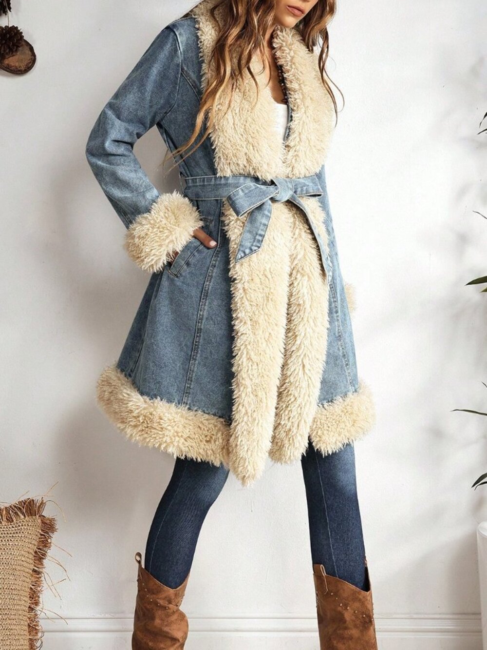 Blue Casual Women's Fuzzy Patchwork Denim Jacket - Picture 7 of 7